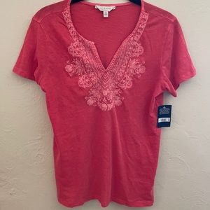 NWT Lucky Brand Pink Embroidered V Tee - Medium